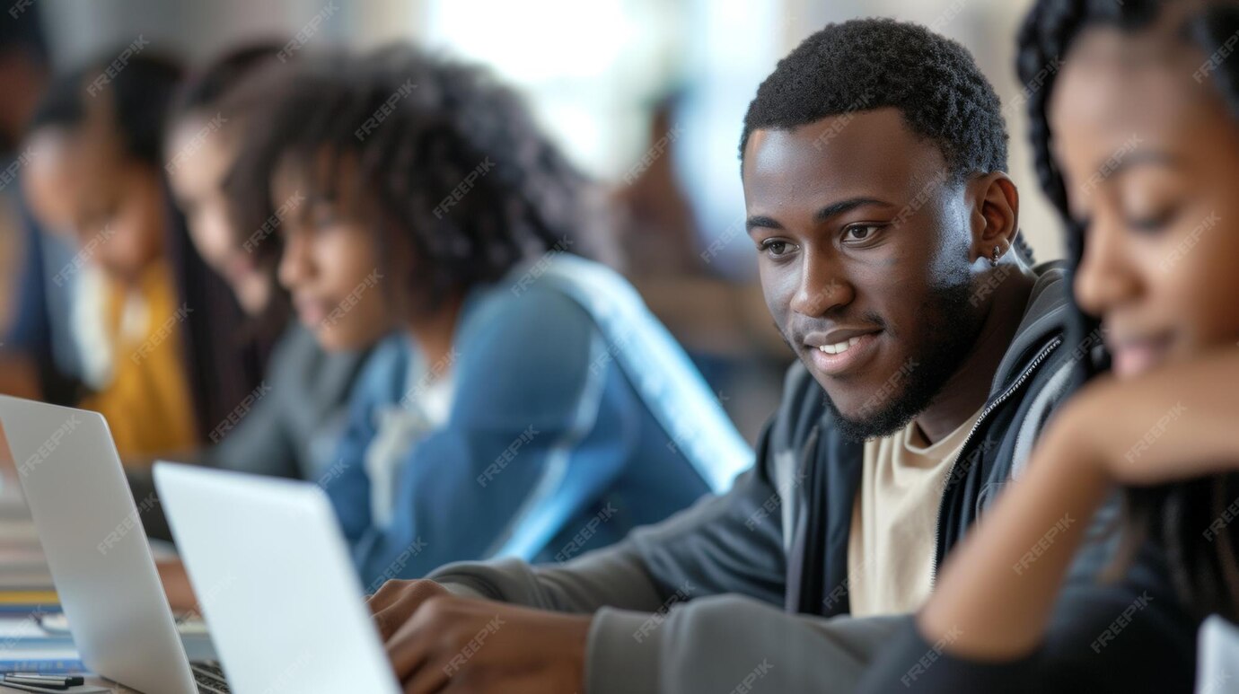 Cameroonian teachers using a laptop to fill marks